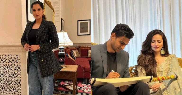 Shoaib Malik and Sana Javed at public event showing distant body language