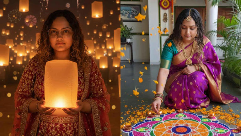 Diwali AI portraits created with Google Gemini Nano Banana artificial intelligence festive images traditional Indian celebration diyas rangoli
