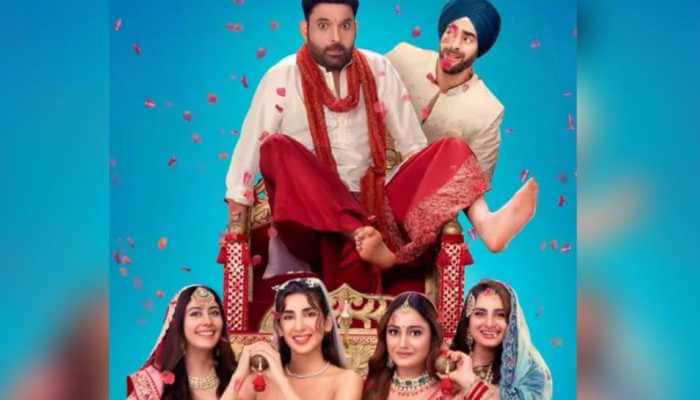 Kapil Sharma movie poster showing comedian as groom with four brides in wedding attire for Kis Kisko Pyaar Karoon 2 film
