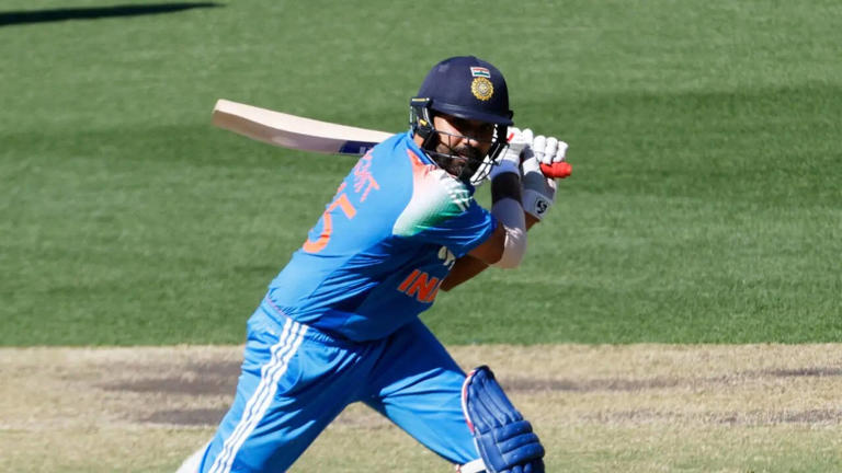 Rohit Sharma celebrating historic cricket record of 150 ODI sixes in SENA countries during India vs Australia match