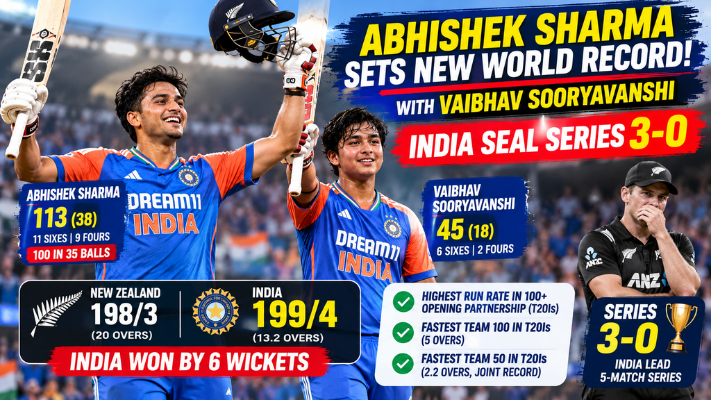 Abhishek Sharma Sets New World Record with Vaibhav Sooryavanshi in 3rd T20 vs NZ as India Seal Series Win